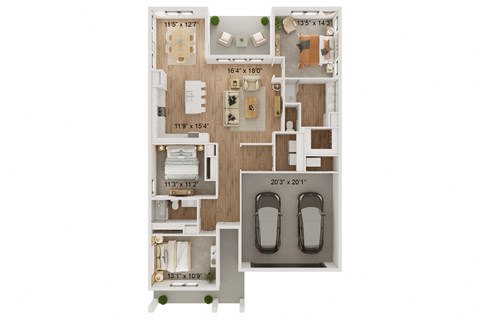 a floor plan of a 3 bedroom apartment with a wood floor